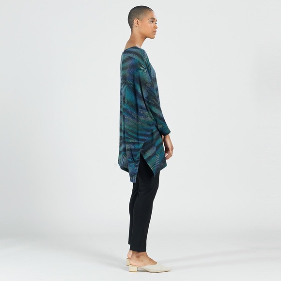 CLARA SUNWOO BLACK BLUE STRIPED PONCHO SLEEVE TOP SWEATER TUNIC SZ M - Picture 6 of 8